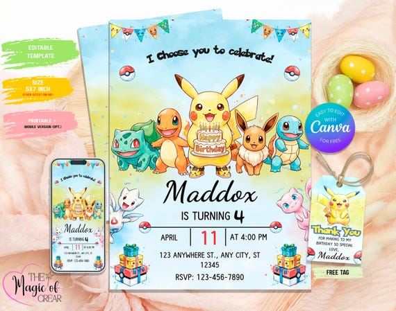 Pokémon Birthday Invitation Template • Editable Canva Invite • Printable Pikachu & Friends Party • Instant Download Digital Invite