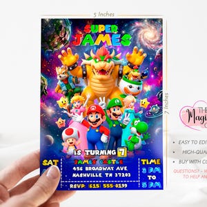 Peut inclure: Une invitation color&eacute;e de 12,7 cm de large et 17,8 cm de haut, avec des personnages de Super Mario. La carte indique "Super James a 7 ans" et comprend les d&eacute;tails de l'&eacute;v&eacute;nement. Le fond est un design sur le th&egrave;me de l'espace.