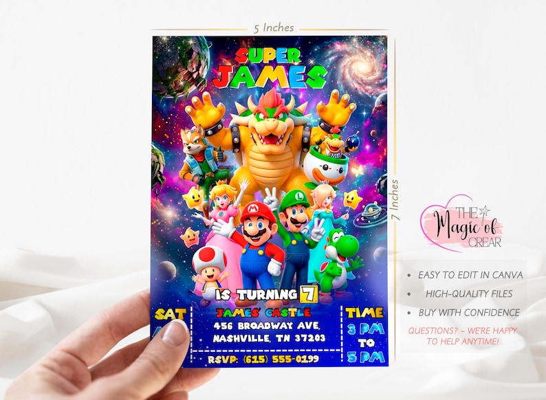 Peut inclure: Une invitation color&eacute;e de 12,7 cm de large et 17,8 cm de haut, avec des personnages de Super Mario. La carte indique "Super James a 7 ans" et comprend les d&eacute;tails de l'&eacute;v&eacute;nement. Le fond est un design sur le th&egrave;me de l'espace.