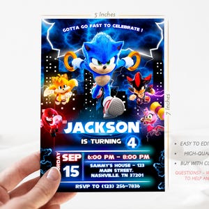 May include: A 12.7 x 17.8 cm invitation card featuring Sonic the Hedgehog and friends. The card reads "GOTTA GO FAST TO CELEBRATE!" and includes event details for Jackson's 4th birthday, including date, time, and location.