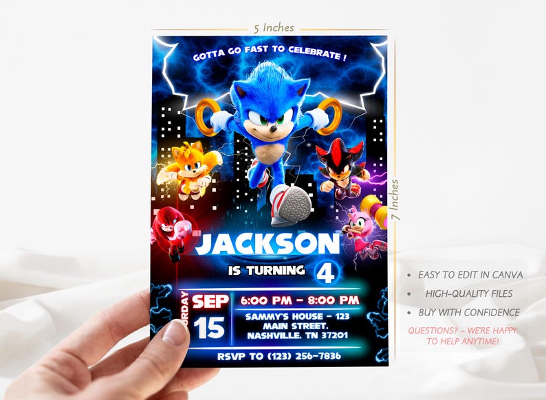 May include: A 12.7 x 17.8 cm invitation card featuring Sonic the Hedgehog and friends. The card reads "GOTTA GO FAST TO CELEBRATE!" and includes event details for Jackson's 4th birthday, including date, time, and location.
