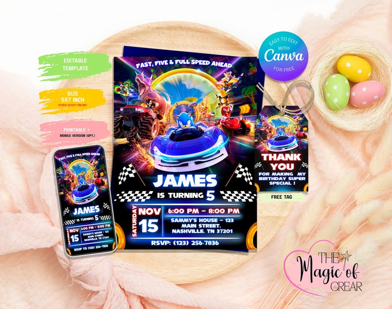 May include: A birthday party invitation and matching tag featuring a blue race car and the text "JAMES IS TURNING 5". The invitation includes event details and a mobile version option. The design is vibrant with a racing theme.
