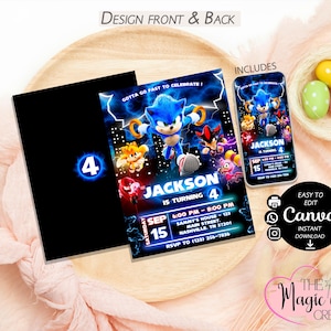 May include: A birthday party invitation featuring the character Sonic the Hedgehog. The invitation includes the text "JACKSON IS TURNING 4" and event details. A smartphone displays the same design. The design is on a black background.