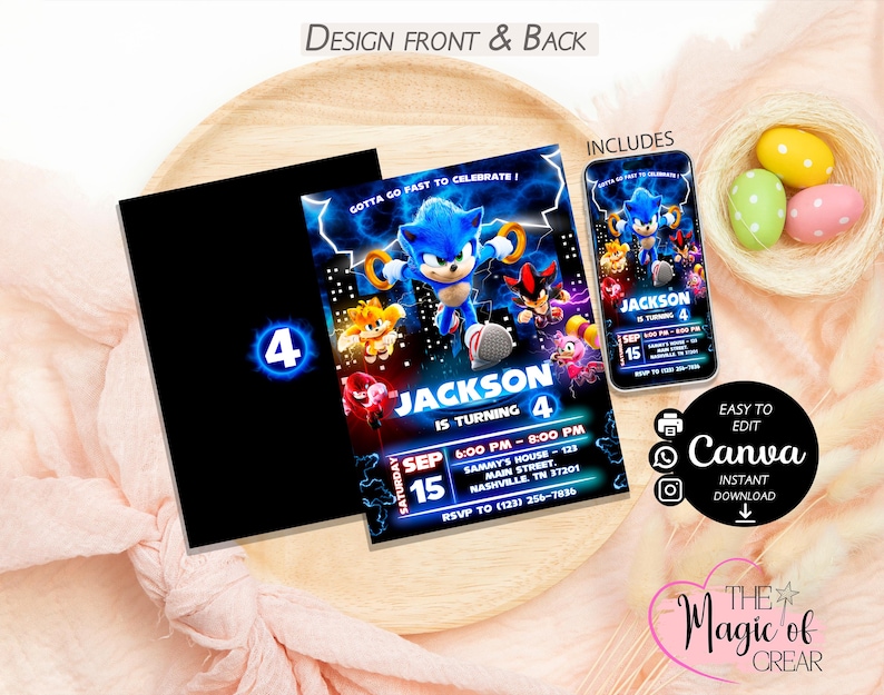 May include: A birthday party invitation featuring the character Sonic the Hedgehog. The invitation includes the text "JACKSON IS TURNING 4" and event details. A smartphone displays the same design. The design is on a black background.