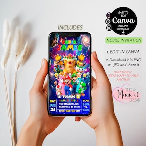 Peut inclure: Un smartphone affiche une invitation d'anniversaire color&eacute;e avec des personnages de Super Mario. L'invitation comprend le texte "Super James is turning 7" et les d&eacute;tails de l'&eacute;v&eacute;nement. Le t&eacute;l&eacute;phone est tenu devant un fond blanc avec du texte et des graphiques.