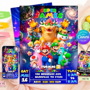Puede incluir: Una invitación de fiesta de cumpleaños con temática de Super Mario con el texto "Super James". La invitación presenta a Mario, Luigi, la Princesa Peach, Yoshi y Bowser contra un fondo espacial. Incluye un gráfico de teléfono y una etiqueta de regalo a juego.