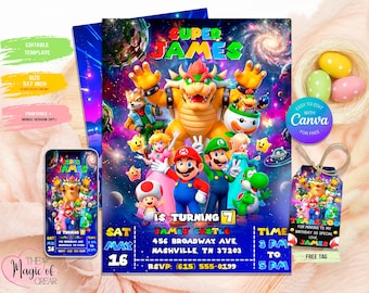 Super Mario Galaxy Birthday Invitation, Editable Digital & Printable Template + FREE Thank You Tags, Mario Movie Video Game Party Invite