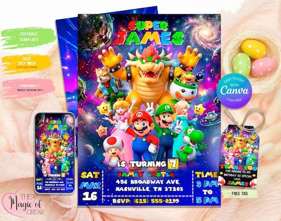 Super Mario Galaxy Birthday Invitation, Editable Digital & Printable Template + FREE Thank You Tags, Mario Movie Video Game Party Invite