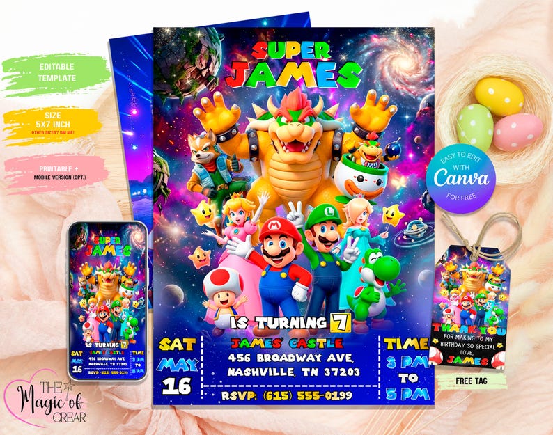 Peut inclure: Une invitation d'anniversaire sur le th&egrave;me de Super Mario avec le texte "Super James". L'invitation pr&eacute;sente Mario, Luigi, la princesse Peach, Yoshi et Bowser sur un fond spatial. Comprend un graphique de t&eacute;l&eacute;phone et une &eacute;tiquette cadeau assortis.