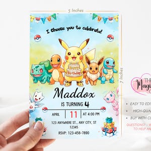May include: A 5 x 7 inch birthday invitation featuring a watercolor background and various cartoon characters. The invitation reads "I choose you to celebrate!" and includes the name "Maddox" and the age "4".