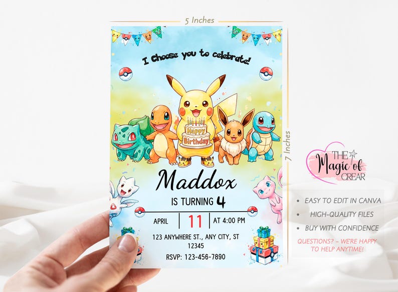 May include: A 5 x 7 inch birthday invitation featuring a watercolor background and various cartoon characters. The invitation reads "I choose you to celebrate!" and includes the name "Maddox" and the age "4".