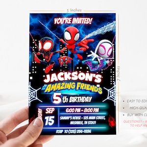 Puede incluir: Una tarjeta de invitaci&oacute;n de 12,7 x 17,8 cm con personajes de Spider-Man. La tarjeta dice "YOU'RE INVITED!" y anuncia "Jackson's Amazing Friends 5th Birthday" el 15 de septiembre. Incluye detalles del evento e informaci&oacute;n de RSVP.