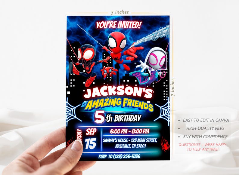 Puede incluir: Una tarjeta de invitaci&oacute;n de 12,7 x 17,8 cm con personajes de Spider-Man. La tarjeta dice "YOU'RE INVITED!" y anuncia "Jackson's Amazing Friends 5th Birthday" el 15 de septiembre. Incluye detalles del evento e informaci&oacute;n de RSVP.