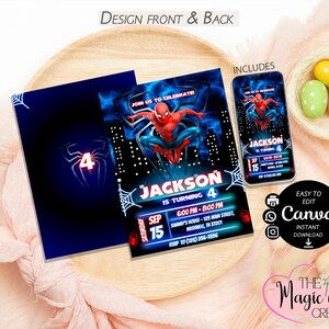 May include: A Spider-Man themed birthday invitation. The invitation features the text "Jackson is turning 4" and event details. The design is on a blue background with a cityscape and spiderwebs. The invitation is displayed on a wooden tray.