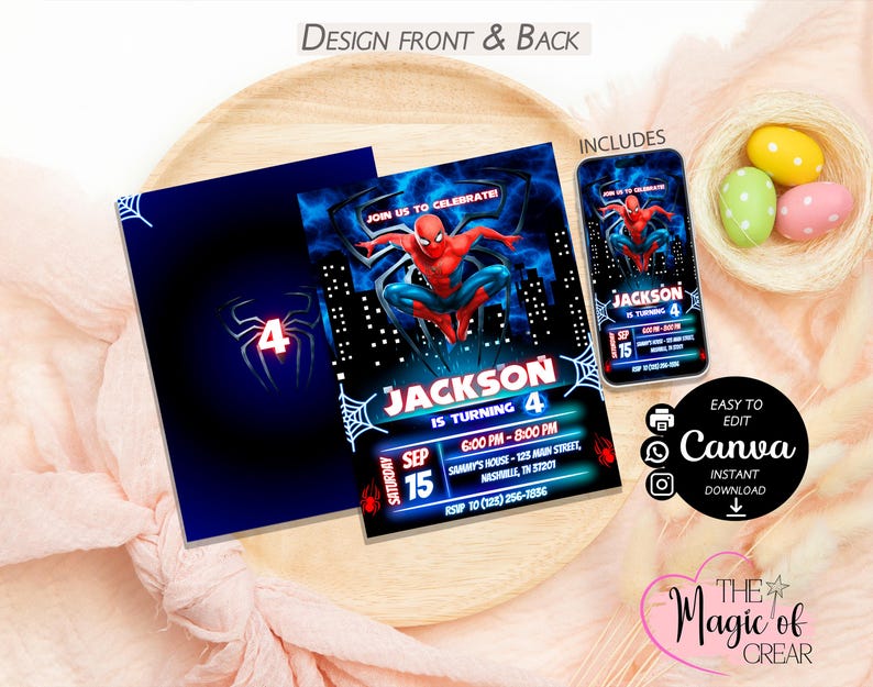 May include: A Spider-Man themed birthday invitation. The invitation features the text "Jackson is turning 4" and event details. The design is on a blue background with a cityscape and spiderwebs. The invitation is displayed on a wooden tray.