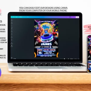 May include: A laptop and smartphone display a birthday party invitation design. The invitation features a race car theme with the name "James" and the text "Fast, Five & Full Speed Ahead". The design is editable with Canva.