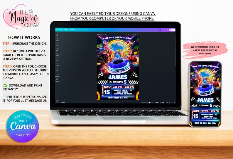 May include: A laptop and smartphone display a birthday party invitation design. The invitation features a race car theme with the name "James" and the text "Fast, Five & Full Speed Ahead". The design is editable with Canva.