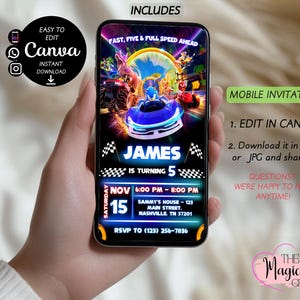 May include: A mobile invitation design featuring a race car theme with the text "JAMES IS TURNING 5". The invitation includes the date, time, and location. The design also includes the text "EASY TO EDIT Canva INSTANT DOWNLOAD".