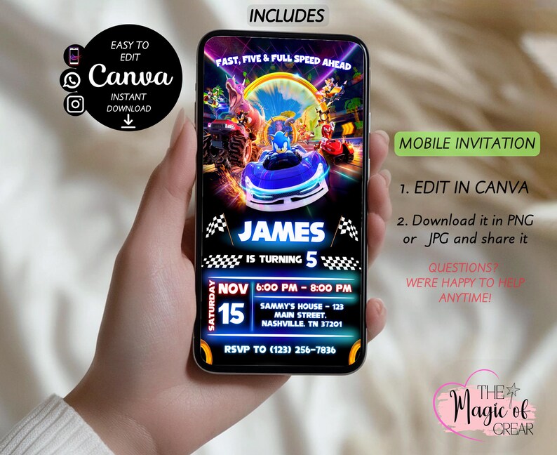 May include: A mobile invitation design featuring a race car theme with the text "JAMES IS TURNING 5". The invitation includes the date, time, and location. The design also includes the text "EASY TO EDIT Canva INSTANT DOWNLOAD".