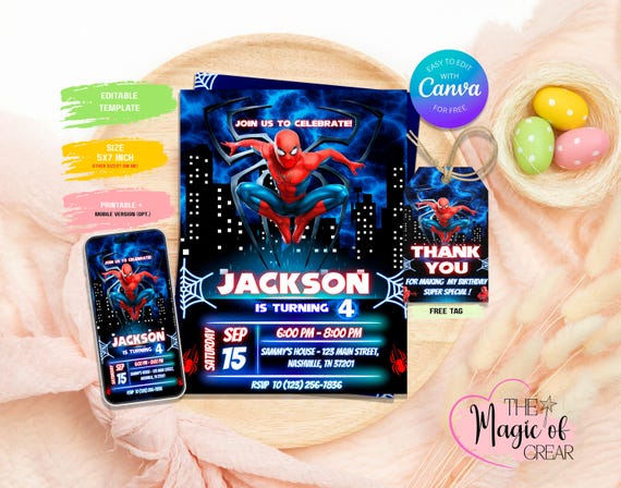 Spider-Man Birthday Invitation | Spiderman Party Invite, Editable Canva Template | Printable Kids Invite | Instant Download + Free Thank You