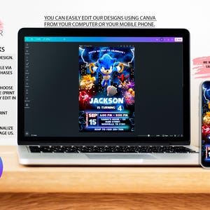 May include: A laptop and smartphone show a birthday invitation featuring Sonic the Hedgehog. The invitation is for Jackson's 4th birthday, with event details. The design is editable using Canva.