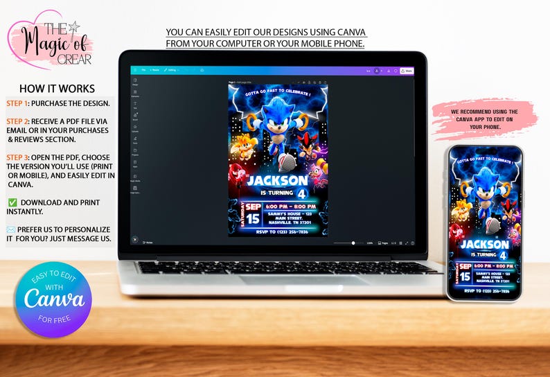 May include: A laptop and smartphone show a birthday invitation featuring Sonic the Hedgehog. The invitation is for Jackson's 4th birthday, with event details. The design is editable using Canva.