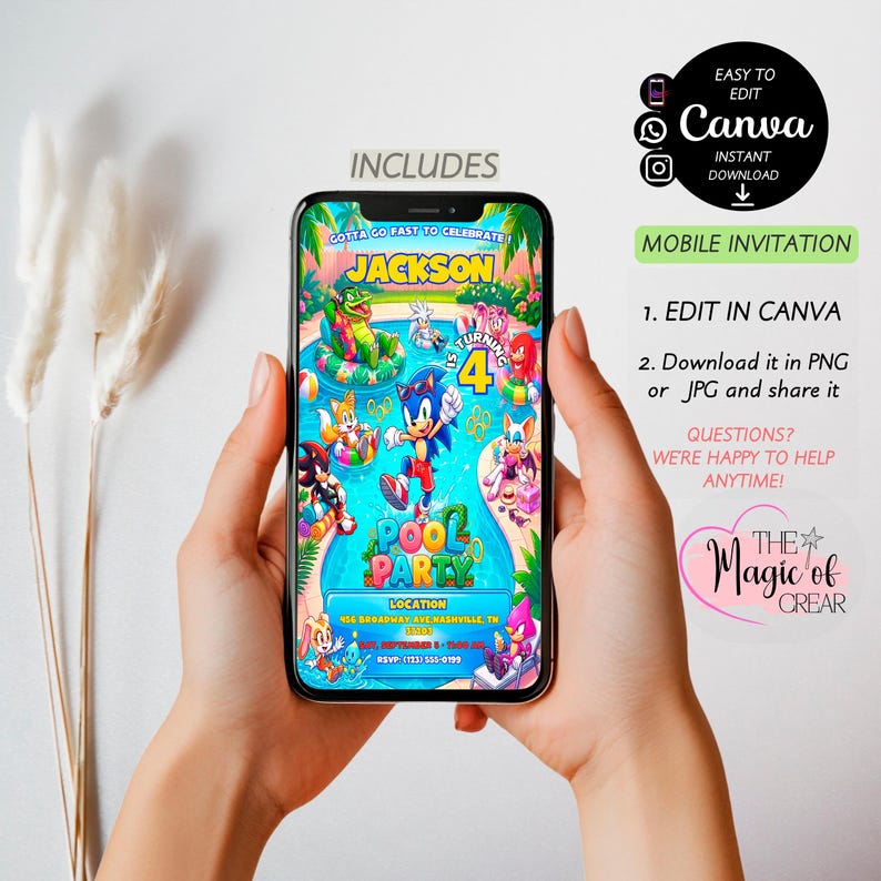 May include: A digital mobile invitation for a fourth birthday pool party featuring Sonic the Hedgehog characters. The colorful graphic includes the text Jackson is turning 4, Pool Party, and location details, displayed on a smartphone screen.