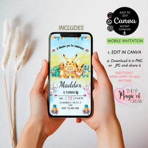 May include: A mobile phone displaying a birthday invitation with a colorful design featuring cartoon characters. The invitation includes the text "I choose you to celebrate!" and details for Maddox's 4th birthday, including the date, time, and location.