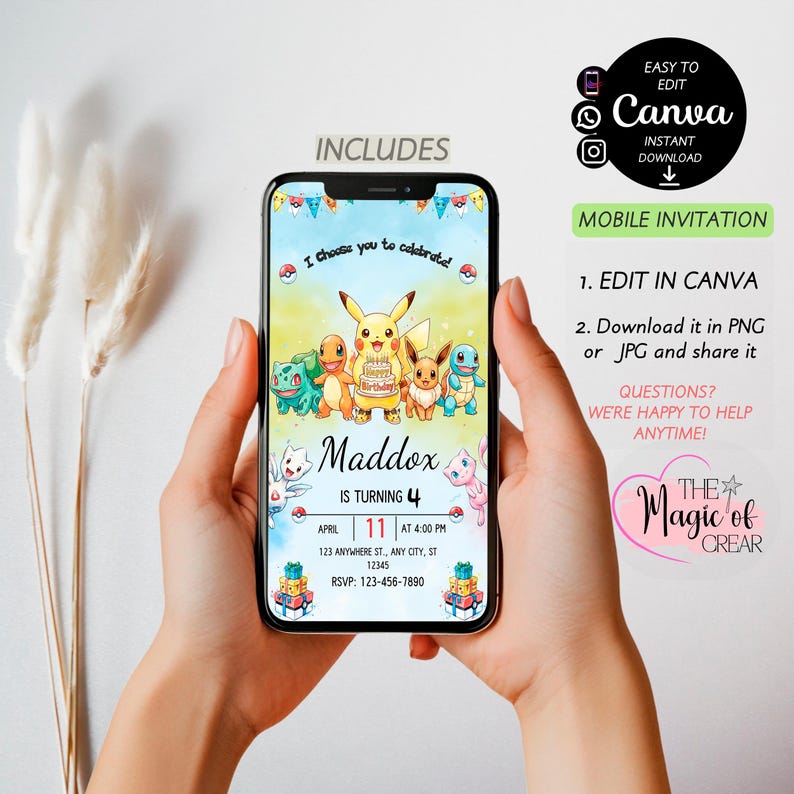 May include: A mobile phone displaying a birthday invitation with a colorful design featuring cartoon characters. The invitation includes the text "I choose you to celebrate!" and details for Maddox's 4th birthday, including the date, time, and location.