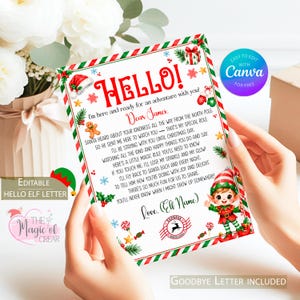 Puede incluir: Una plantilla rectangular de carta de elfo navideño con un borde de bastón de caramelo rojo y verde, el texto HELLO! y un mensaje, decorada con ilustraciones de un hombre de jengibre, un regalo y un personaje de elfo.