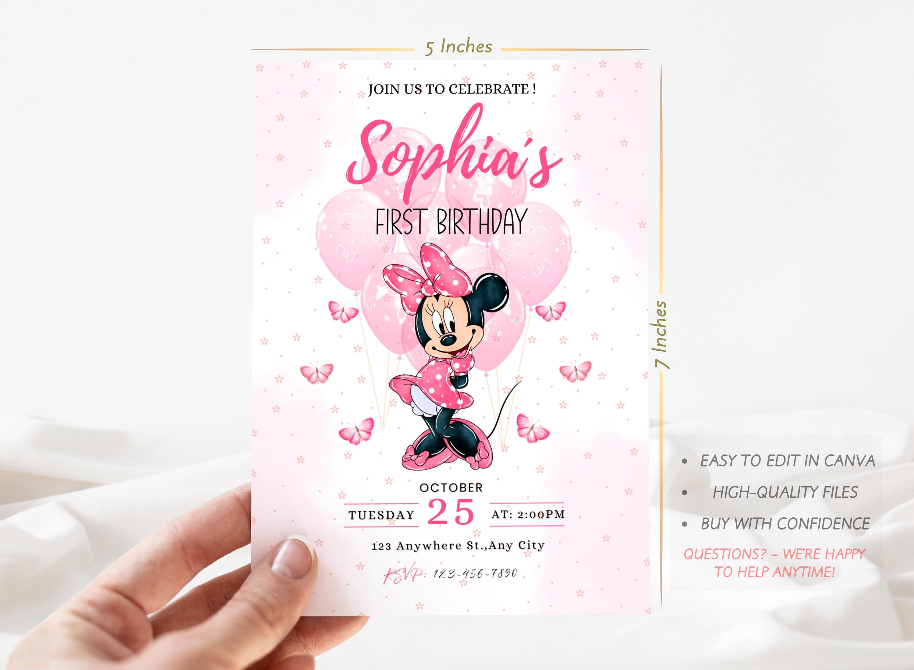Editable Pink Minnie Mouse First Birthday Invitation | Minnie Mouse 1st ...