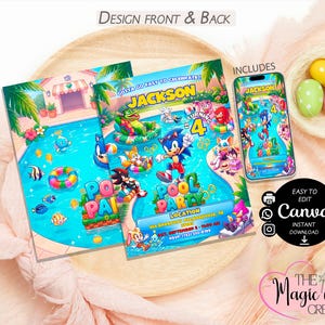 May include: Two rectangular pool party invitation cards featuring Sonic the Hedgehog characters in a swimming pool, with text reading Jackson is turning 4, Pool Party, and location details. A smartphone displays the same digital invitation design.
