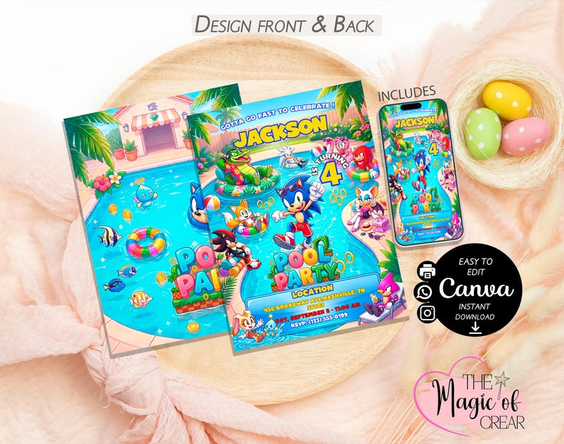 May include: Two rectangular pool party invitation cards featuring Sonic the Hedgehog characters in a swimming pool, with text reading Jackson is turning 4, Pool Party, and location details. A smartphone displays the same digital invitation design.