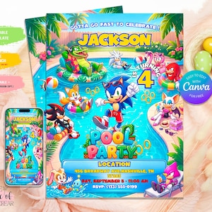 May include: A 5x7 inch digital pool party invitation template featuring Sonic the Hedgehog characters in a swimming pool. The text reads GOTTA GO FAST TO CELEBRATE! JACKSON IS TURNING 4 POOL PARTY, with location, date, time, and RSVP details included.