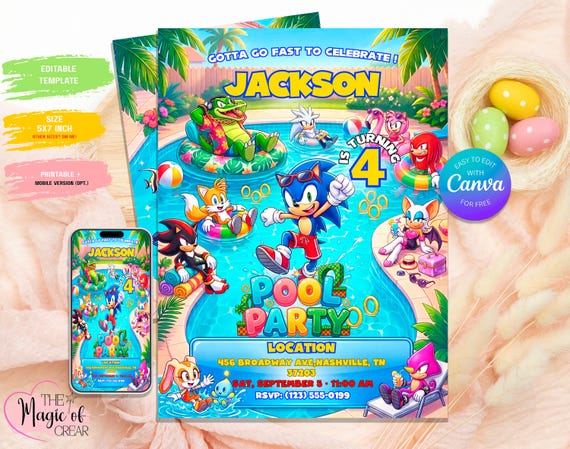 Sonic Pool Party Invitation Editable | Sonic Birthday Invite Canva Template | Boy Summer Splash Birthday Printable and Digital, Party Invite
