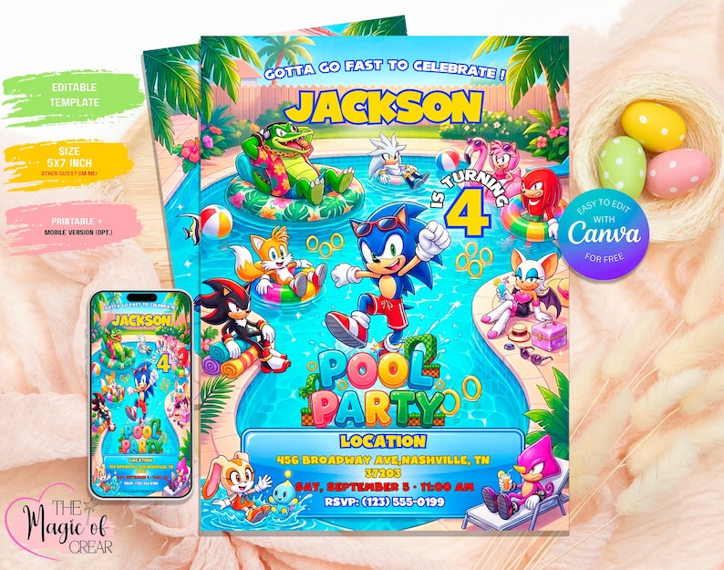 May include: A 5x7 inch digital pool party invitation template featuring Sonic the Hedgehog characters in a swimming pool. The text reads GOTTA GO FAST TO CELEBRATE! JACKSON IS TURNING 4 POOL PARTY, with location, date, time, and RSVP details included.