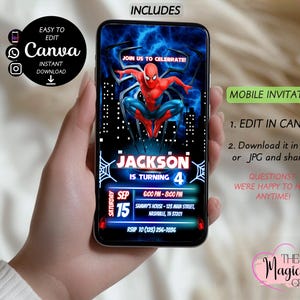 May include: A mobile invitation design featuring Spider-Man. The invitation includes the text "Join us to celebrate!" and details for a birthday party, including the name "Jackson", date, time, and location. The design is editable in Canva.