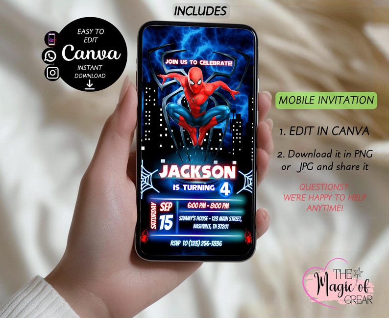 May include: A mobile invitation design featuring Spider-Man. The invitation includes the text "Join us to celebrate!" and details for a birthday party, including the name "Jackson", date, time, and location. The design is editable in Canva.