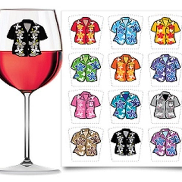 HAWIIAN - DRINK MARKERS - Wine Glass Decals - Wine Glass Stickers - Wine Glass Marker -  Luau - Retirement - Decoration - Hawaiian Shirt