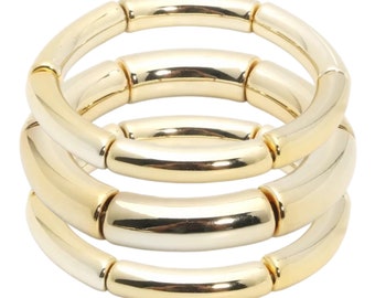 GOLD TUBE BEAD Stretch Bracelet Stack - Thin/Thick/Thin Bracelet Stack - (Set of 3)