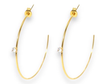 GOLD HOOP EARRINGS - Designer Dupe - Large Thin Hoops with Diamond - Lightweight Statement Hoops - 1.75in