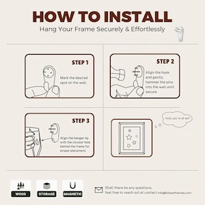 Puede incluir: Un gr&aacute;fico de instrucciones titulado HOW TO INSTALL Hang Your Frame Securely & Effortlessly. Muestra tres pasos para usar un gancho de pared con pines, incluyendo un martillo, un marco y una burbuja de texto que dice Voila, you're all set. Los iconos de madera, almacenamiento y caracter&iacute;sticas magn&eacute;ticas est&aacute;n en la parte inferior.