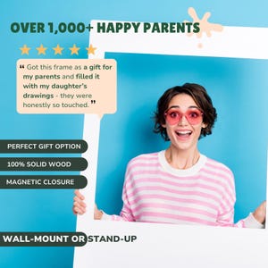 Puede incluir: Un marco de fotos blanco con cierre magn&eacute;tico y construcci&oacute;n de madera maciza. El marco presenta el texto OVER 1,000+ HAPPY PARENTS, 100% SOLID WOOD, MAGNETIC CLOSURE y WALL-MOUNT OR STAND-UP, junto con un gr&aacute;fico de cinco estrellas.