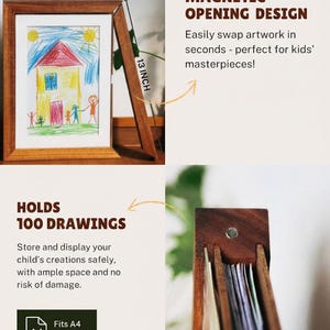 Puede incluir: Un marco de fotos de madera que mide 25,4 cm por 33 cm con un dise&ntilde;o de apertura magn&eacute;tica. El marco tiene capacidad para 100 dibujos y se adapta a papel A4. El texto dice Magnetic Opening Design, Holds 100 Drawings y Fits A4 Paper.