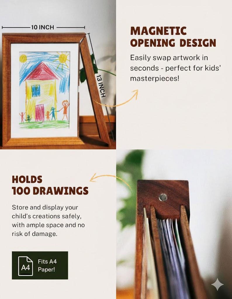 Puede incluir: Un marco de fotos de madera que mide 25,4 cm por 33 cm con un dise&ntilde;o de apertura magn&eacute;tica. El marco tiene capacidad para 100 dibujos y se adapta a papel A4. El texto dice Magnetic Opening Design, Holds 100 Drawings y Fits A4 Paper.