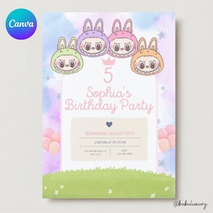 Carte d'invitation modifiable Labubu, faire-part d'anniversaire Labubu, modèle modifiable Labubu, carte d'invitation modifiable en toile