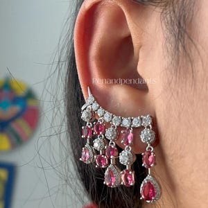 Red Ruby Ear Cuff, Crystal Climber Earrings, Chandelier Dangle Crawler, Silver Statement Piercing, Bridal Wedding Jewelry, Gift for Her