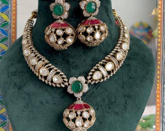 Sabyasachi Inspired Choker Set, Emerald Polki Necklace, Red Green Bridal Jewelry, Kundan Jhumka Set, Indian Wedding Choker, Pakistani Gift