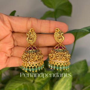 Kemp Gold plated Peacock jhumka/Temple gold plated jhumka earrings/Dangle Drop Matt gold Jhumkas/Indian Wedding/Indian jewelry/desi jewelry