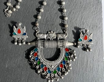 Vibrant Oxidized Silver Necklace Set | Multi-Color Enamel Tribal Jewelry | Afghani Banjara Statement Necklace